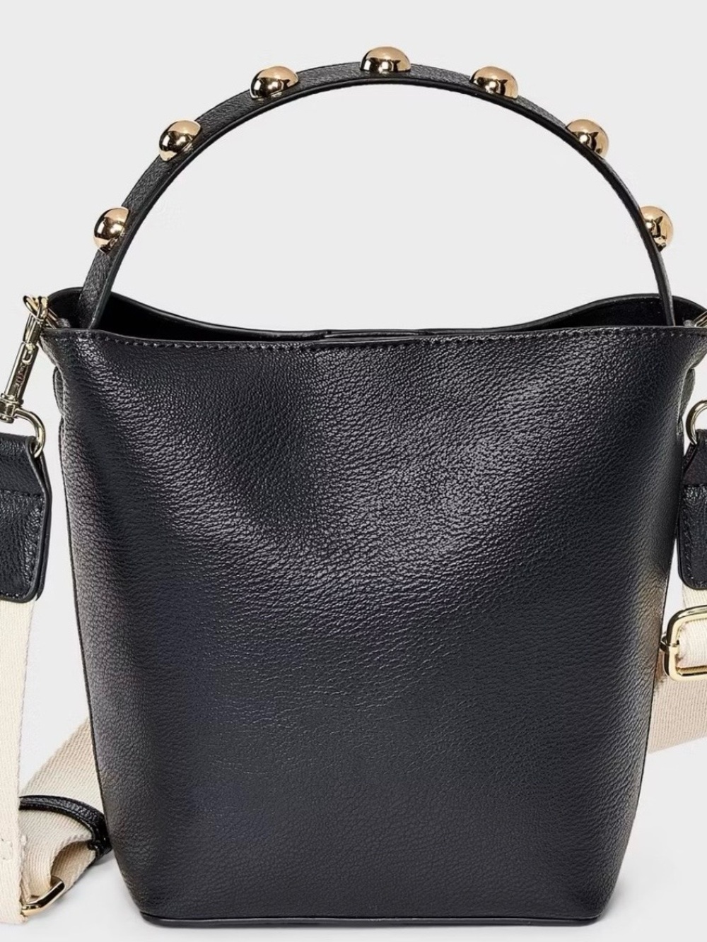 Black Leather Stud-Trim Bucket Bag